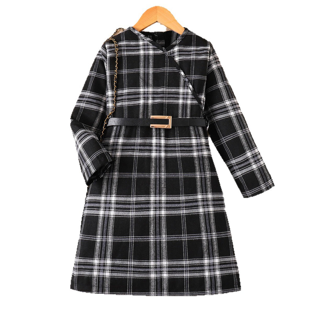 girls' dress - black and white brushed plaid, asymmetrical neckline, long sleeves, belted, autumn retro children's maxi dress