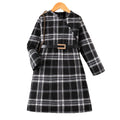 girls' dress - black and white brushed plaid, asymmetrical neckline, long sleeves, belted, autumn retro children's maxi dress
