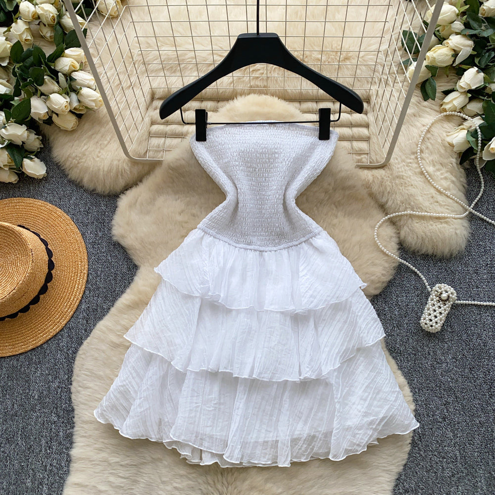 French sweet style bandeau sleeveless dress - women's summer yellow ruffle cake dress - slimming, elegant, petite-friendly