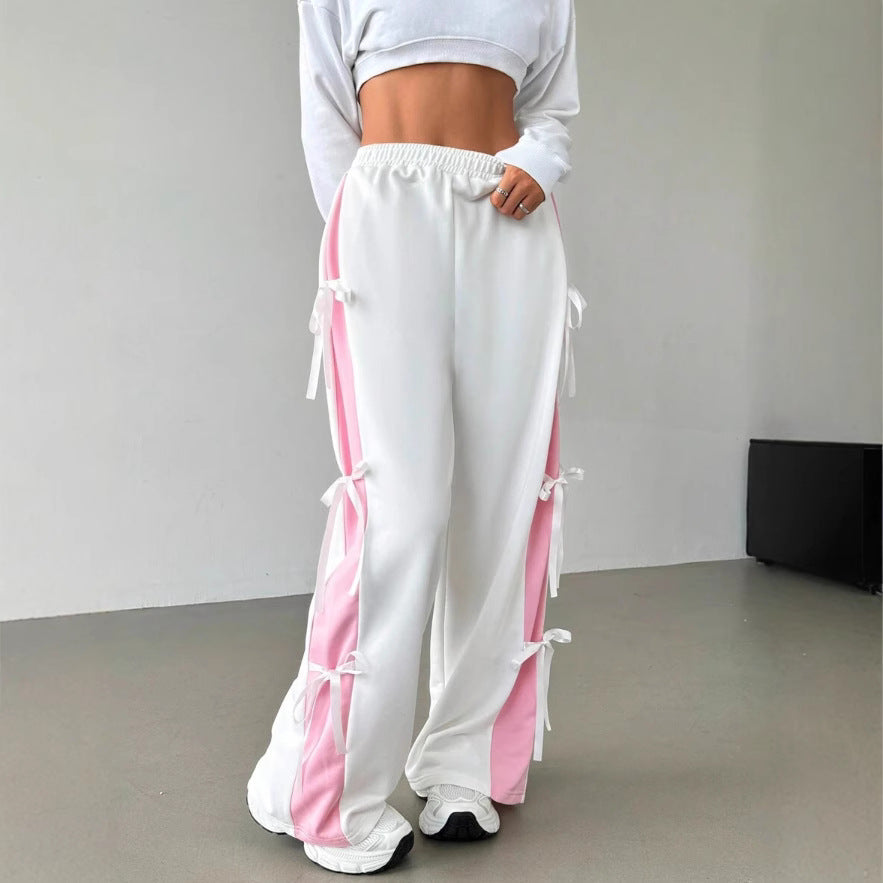 european and american style women's spring/autumn elastic waistband color-blocked straight-leg casual white athletic pants with bow detail
