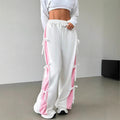 european and american style women's spring/autumn elastic waistband color-blocked straight-leg casual white athletic pants with bow detail