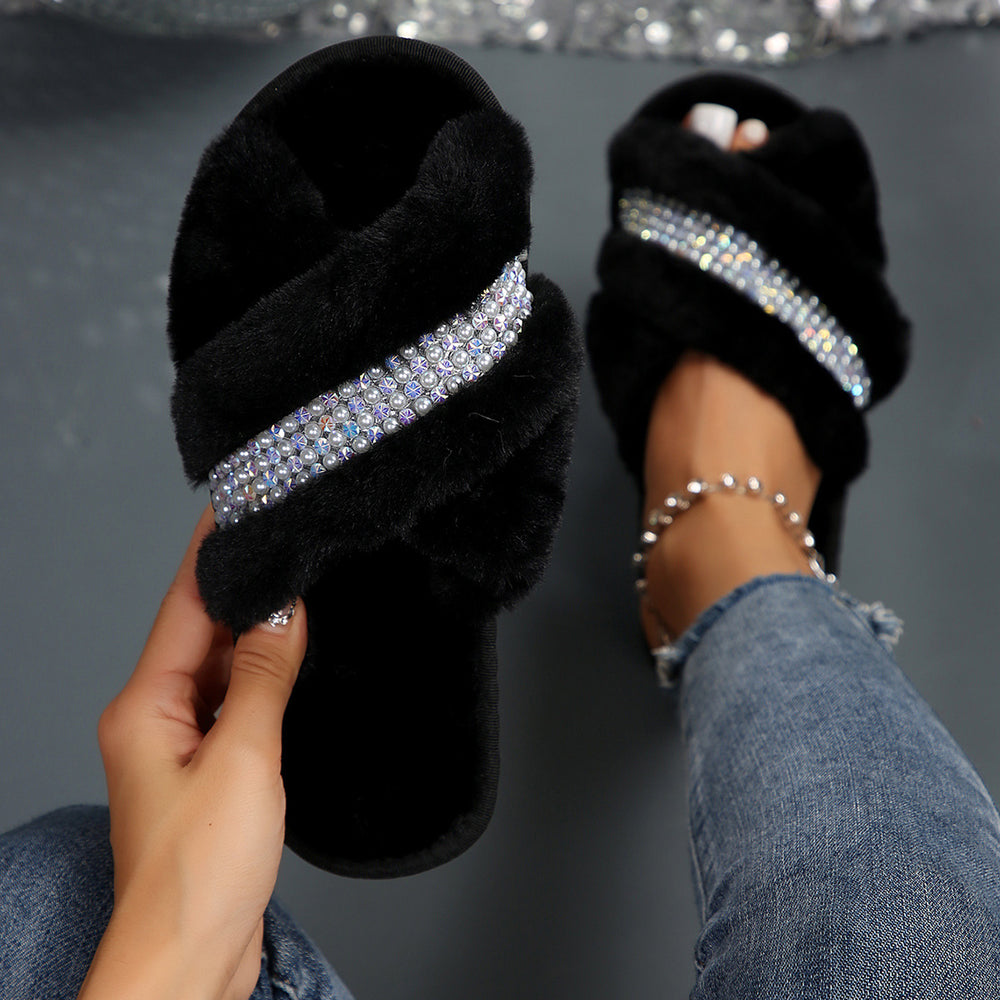 Double strap criss-cross warm fleece slippers women's autumn/winter home indoor maternity slippers plush cotton slippers wholesale