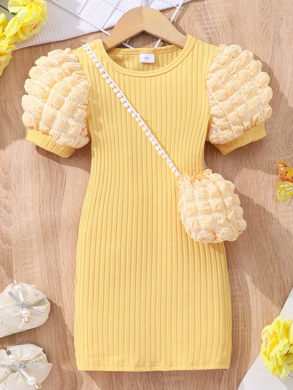 Kids' lightweight bubble sleeve short-sleeve crew neck solid color dress with bubble detail