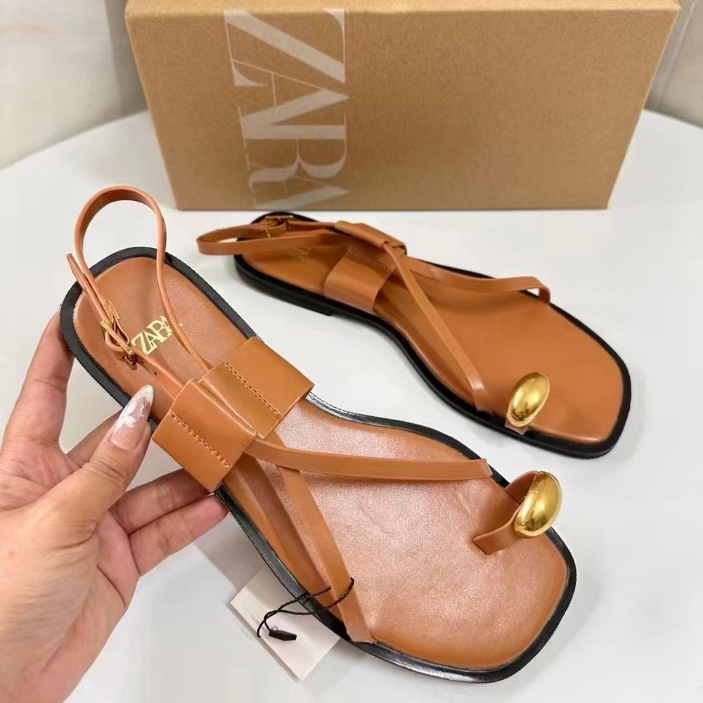 Za autumn 2024 flat sandals: new summer collection - brown square toe crossover casual outdoor flat sandals