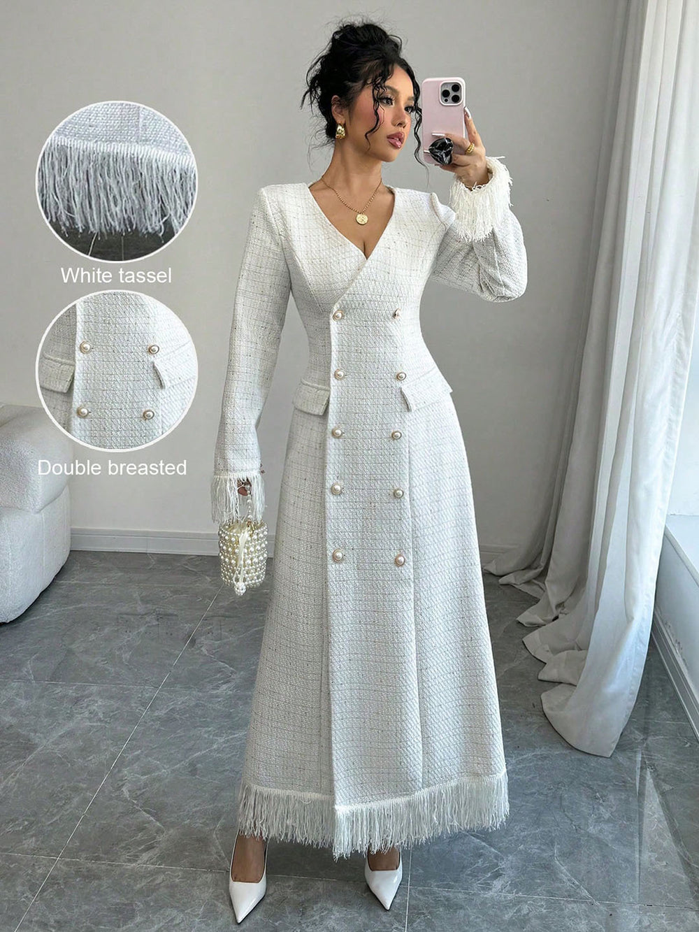 socialite style tweed longoutwear double row pearl button tassel patchworkslimming look silmdress