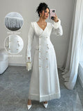 socialite style tweed longoutwear double row pearl button tassel patchworkslimming look silmdress