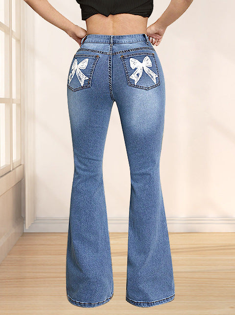 Pre-sale-65832#  cross-border fashion foreign trade women's clothing trendy personalized bow printed denim pants