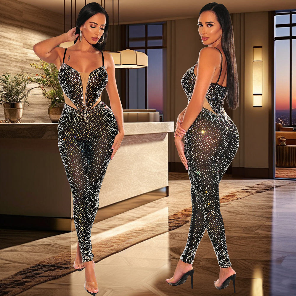 C7163 cross-border   fashion women's hot diamond sexy slimming arm bag strap jumpsuit