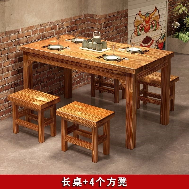 Solid wood dining table and chairs chinoiserie carbonized hot pot barbecue rectangular log dining table restaurant snack shop restaurant dining table