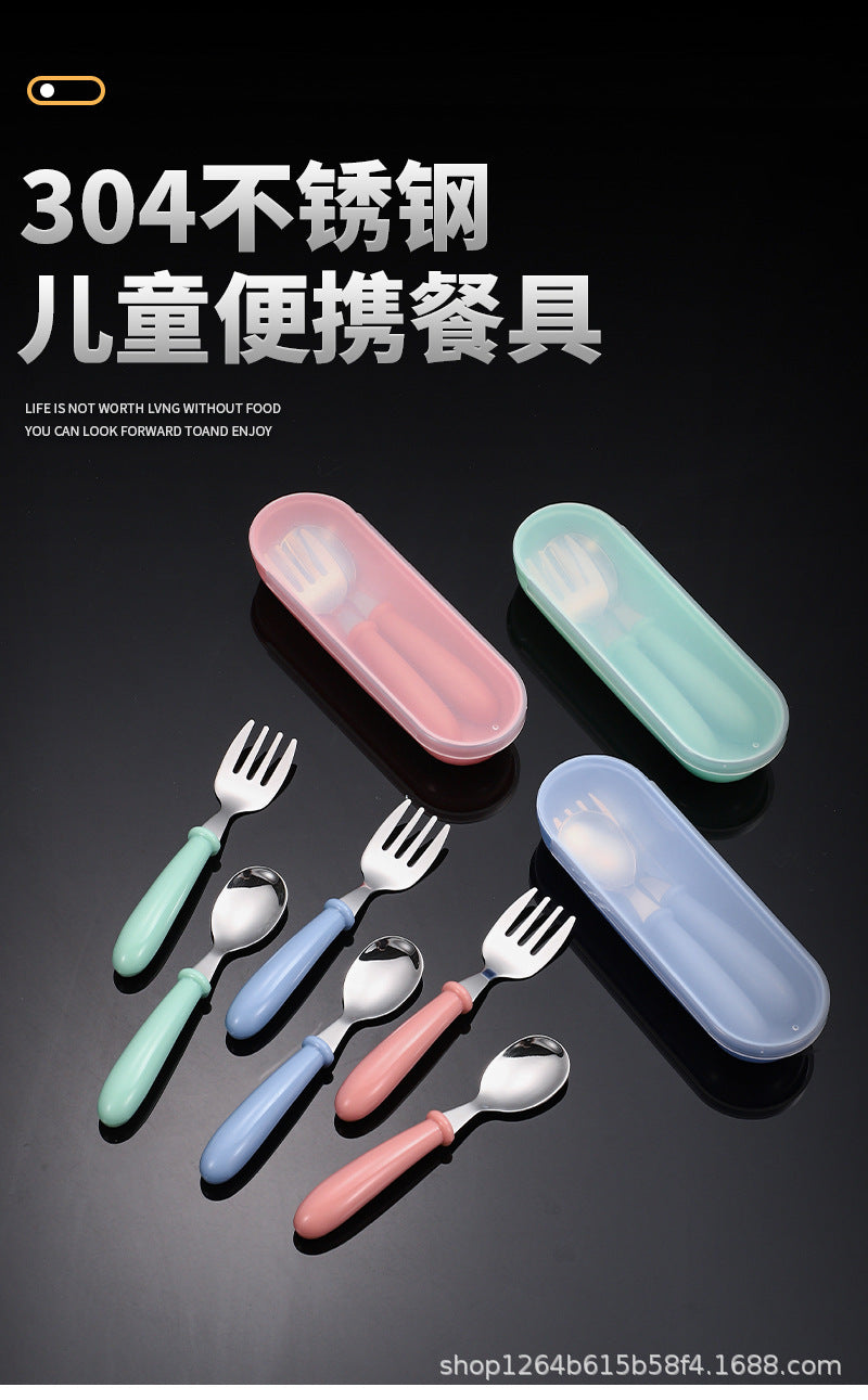 Cross-border 304 stainless steel children's tableware spoon fork box three-piece set baby tableware maternal and infant gifts fork and spoon