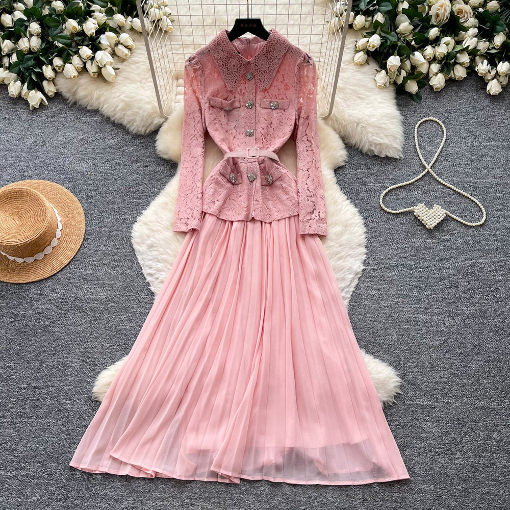 Vintage lace patchwork heavy-duty lapel dress - women's spring/autumn long sleeve a-line maxi dress - commute-friendly, high-end style