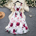 French riviera style printed cami dress - women's summer soft & chic white a-line dress - slim fit, figure-flattering, elegant maxi dress