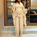 African new drawstring pant set - loose batwing sleeve v-neck cinched waist slimming robe wide leg pants two-piece outfit