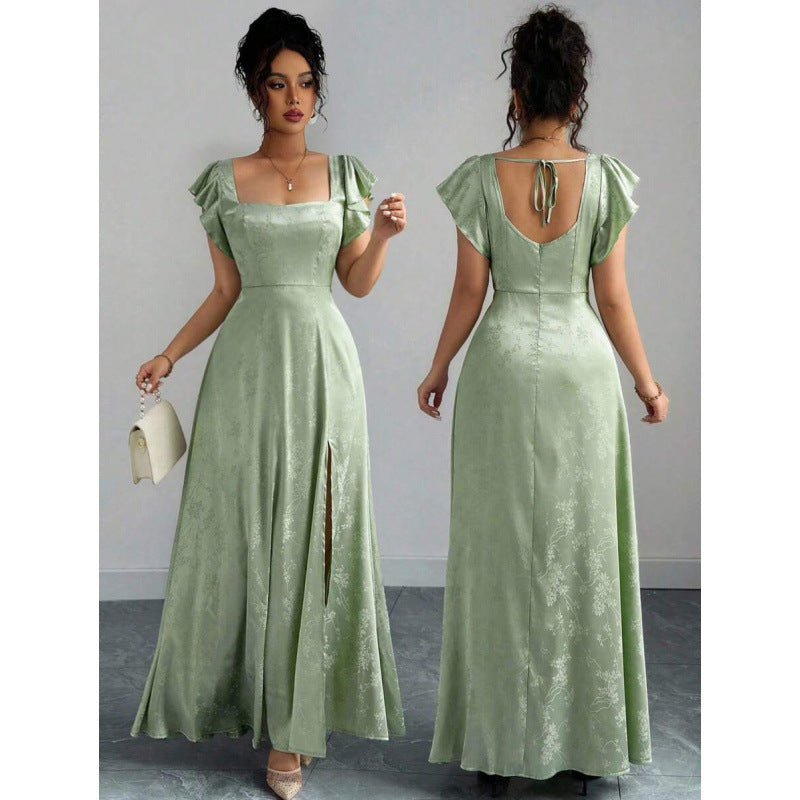 fashionsummernew arrival square collar ruffle sleeves waist slimming lookelegance jacquard slit dress for women