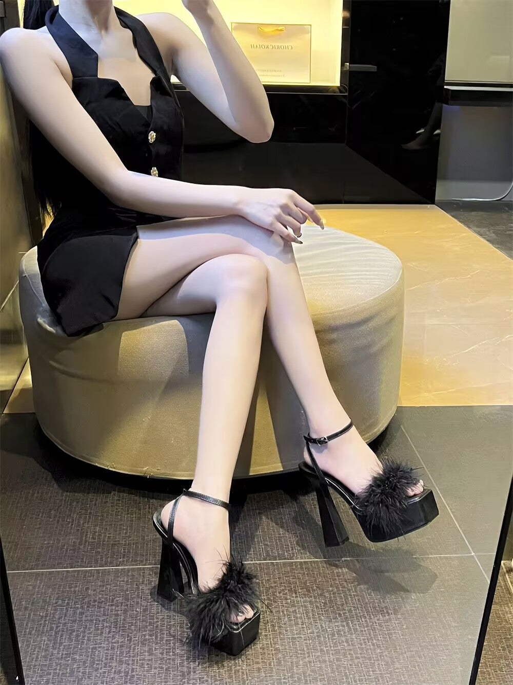 2025 new fuzzy chunky heel sandals women's square toe platform ankle strap high heels sexy nightclub party shoes with skirt