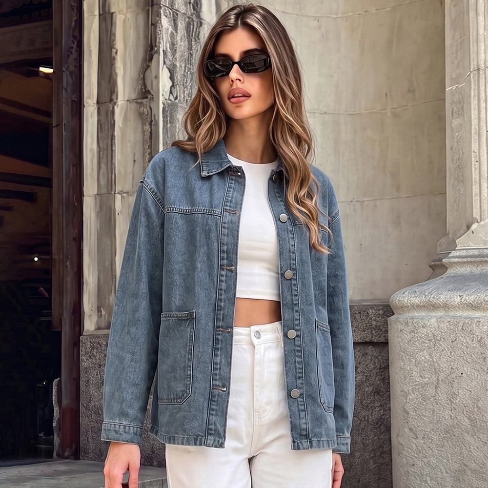 Fashion cross-border exportloose drop-shoulder lapel long sleeves single-breasted double-sided large patch pocket easiest for match layered denim outwear