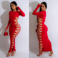 C6793 cross-border   fashion women's solid color round neck sexy tie-up maxi dress