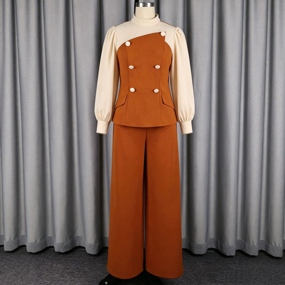Autumn new color block casual two-piece set: chic commute patchwork waist ruffle top and wide-leg pants outfit