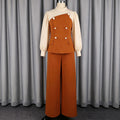 Autumn new color block casual two-piece set: chic commute patchwork waist ruffle top and wide-leg pants outfit
