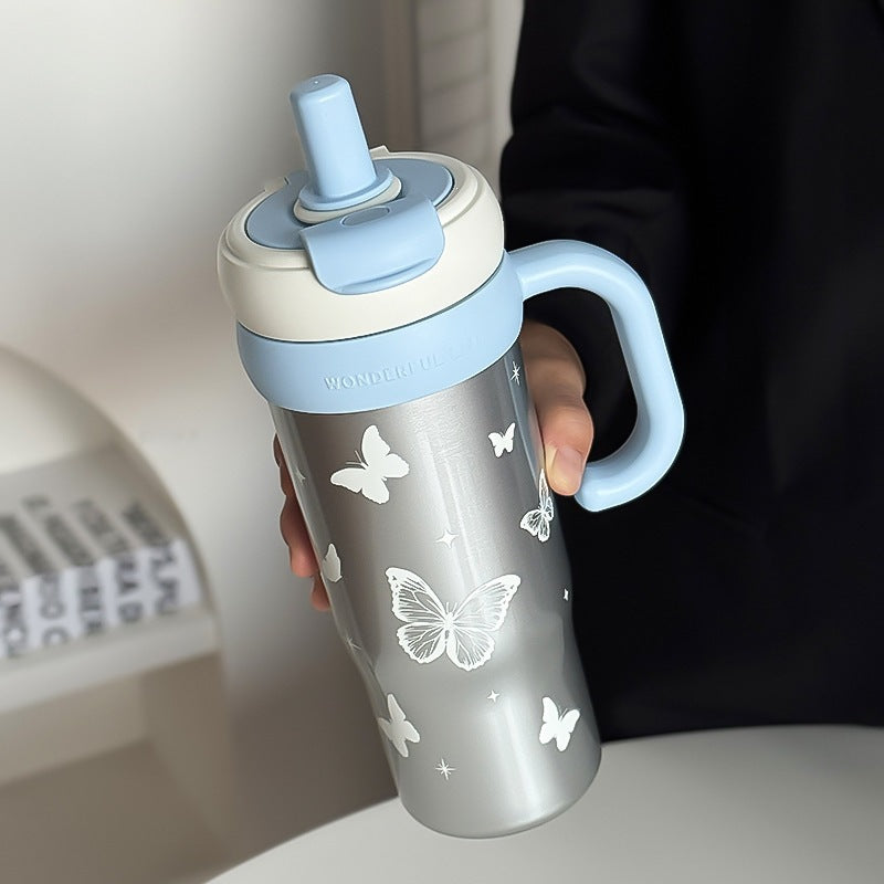 Jumbo ice cup high-looking straw cup large capacity portable car cup girlscute cartoon thermos cup