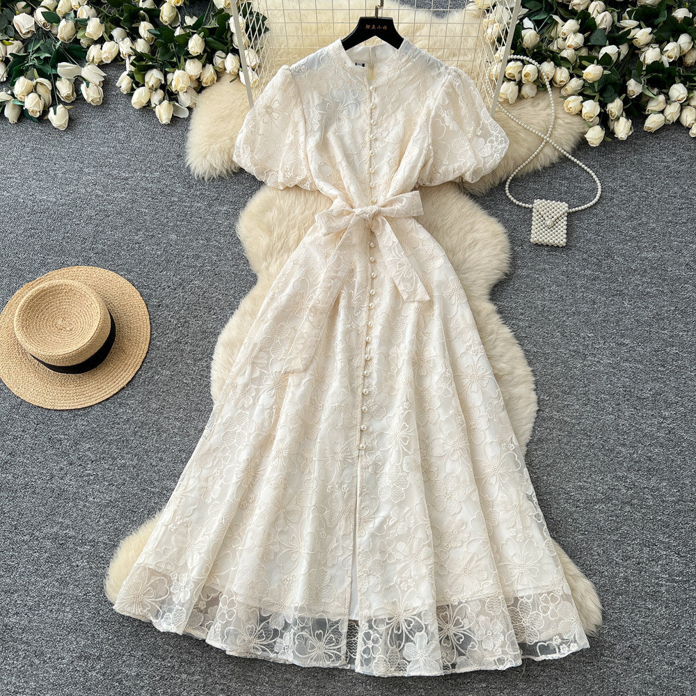 Elegant lace embroidered maxi dress for women - high waist a-line, perfect for summer, work, and evening events