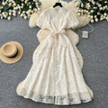 Elegant lace embroidered maxi dress for women - high waist a-line, perfect for summer, work, and evening events