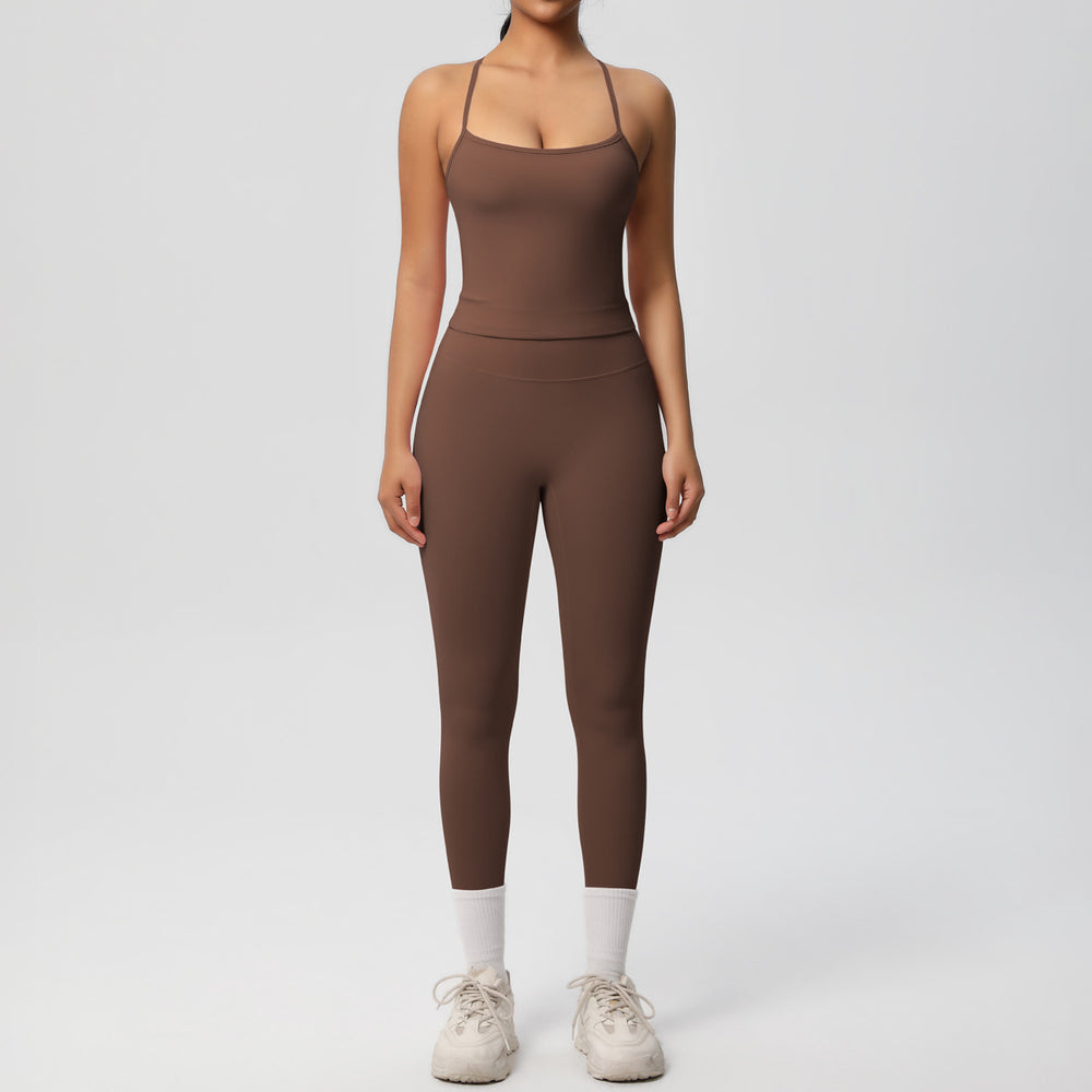 Ready-to-ship, solid color, nude-feel, double-sided brushed, racerback, form-fitting activewear yoga set – perfect for running and fitness. two-piece set