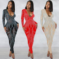 C5885   fashion sexy nightclub mesh see-through long sleeve v-neck jumpsuit women's bodysuit