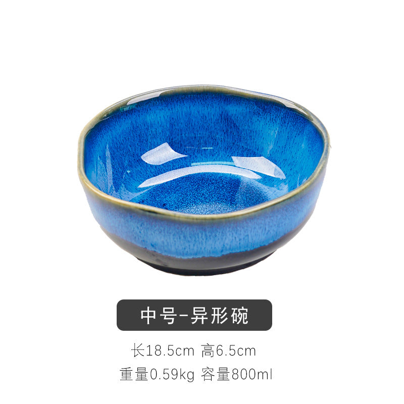 European style kiln turned blue ceramic salad bowl restaurant hotel special stylish vegetable soup bowl noodle bowl special-shaped ceramic bowl