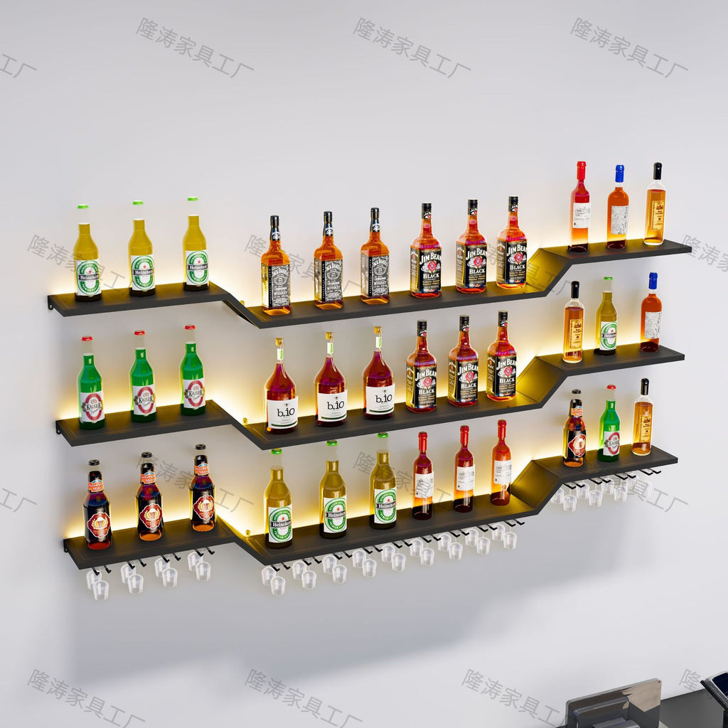 Bar red wine rack wall hanging wrought iron bar counter wall simple decoration creative luminous shelf restaurant wine cabinet against the wall