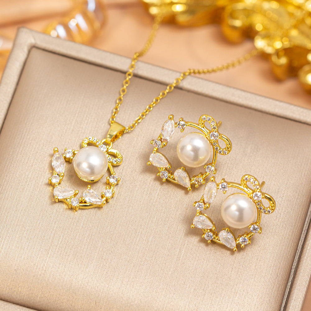 【titanium steel】cross-border hot-selling fashion pearl bow necklace - women's lightweight luxury versatile high-end clavicle chain jewelry