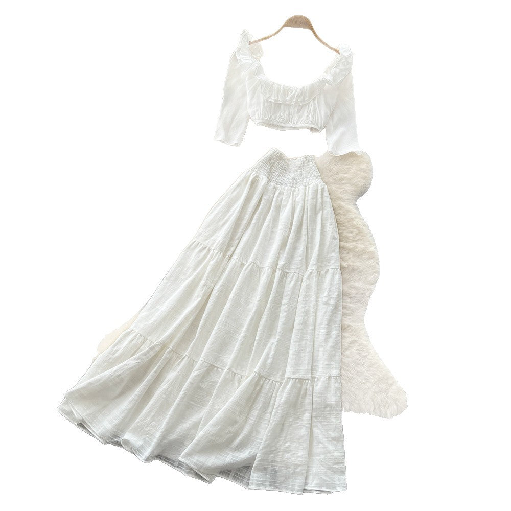 French romantic white square neck puff sleeve top and high-waisted tiered skirt two-piece set - summer vacation style