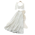 French romantic white square neck puff sleeve top and high-waisted tiered skirt two-piece set - summer vacation style
