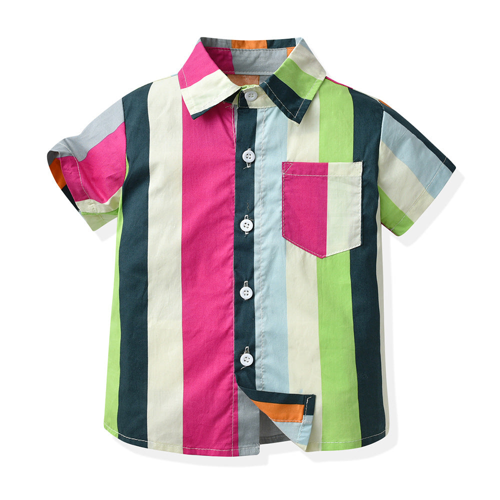 Korean style children's short-sleeve shirt, kids' fashion clothing, boys' top, striped casual boy's shirt