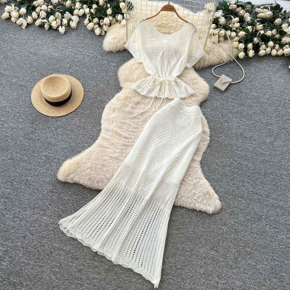 French chic hollow-out knit short sleeve two-piece set - women's summer slim fit, slimming, elegant, and professional style outfit