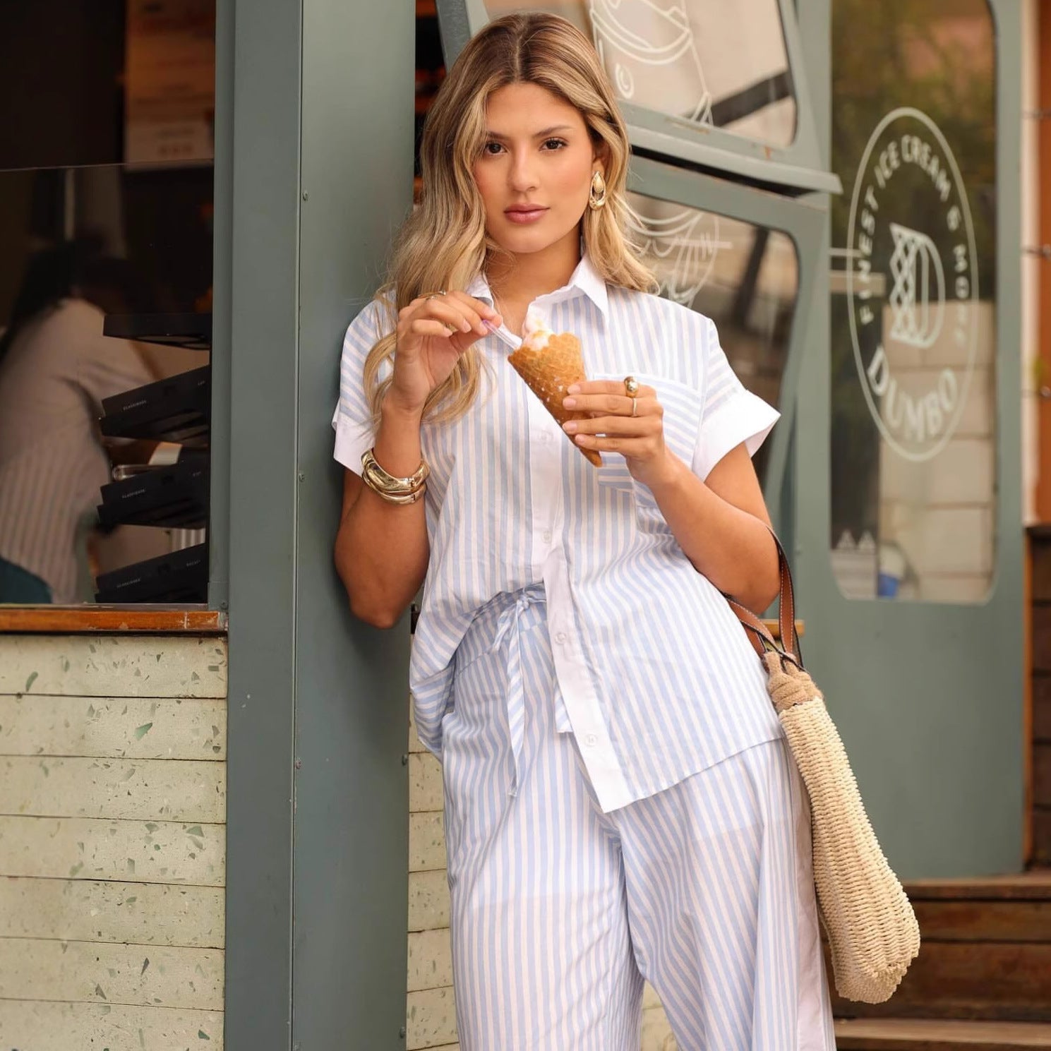 Cross-border European and American striped splicing cardigan shirt design sense casual trousers women's  new women's clothing two-piece set trendy