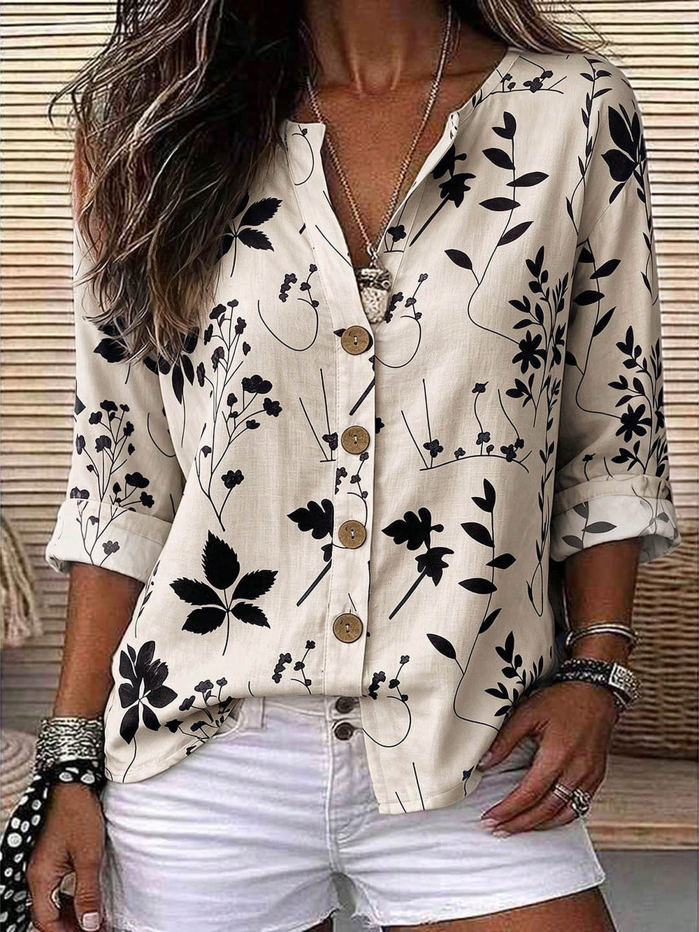Exclusively for us & european cross-border e-commerce:  autumn beige cotton linen shirt - relaxed fit, v-neck, roll-up sleeves, mid-length top