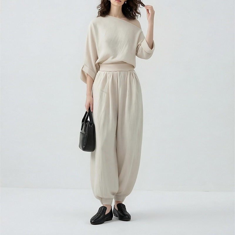 women's summer new arrivals:  cross-border fashion casual solid color one-shoulder loose fit pants set (us/eu style)