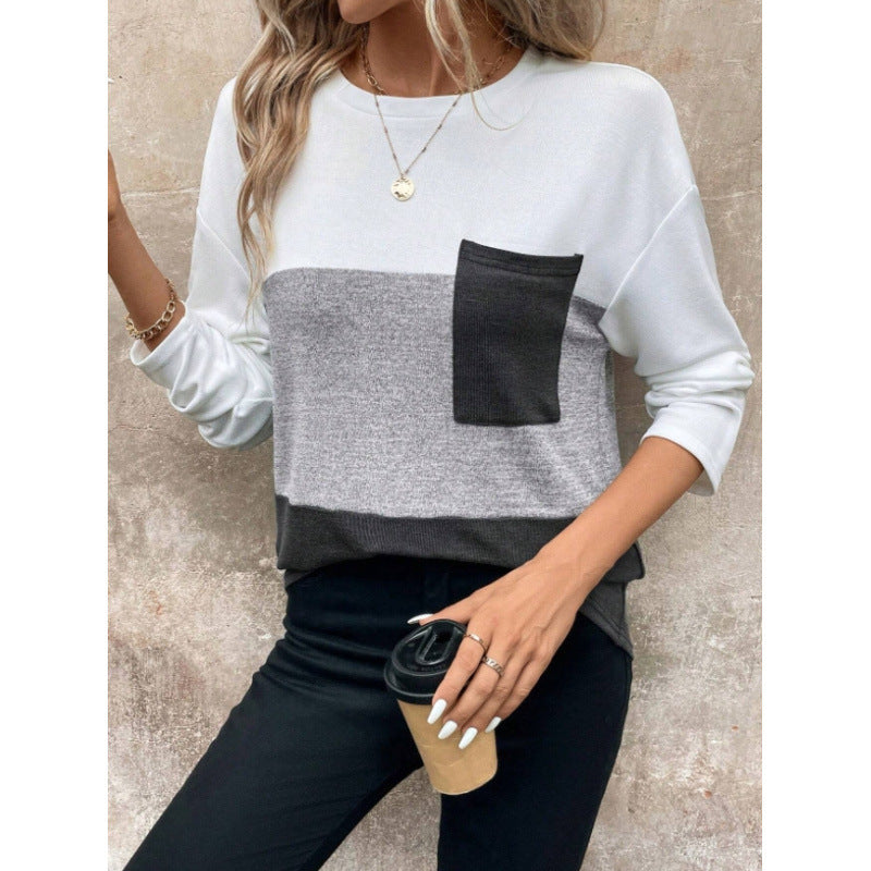 Shipped: women's color block long sleeve top - crew neck patchwork chest pocket autumn casual pullover