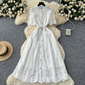 summer women's dress: unique, high-end, cutout embroidery, single-breasted, cinched waist, elegant knee-length maxi dress