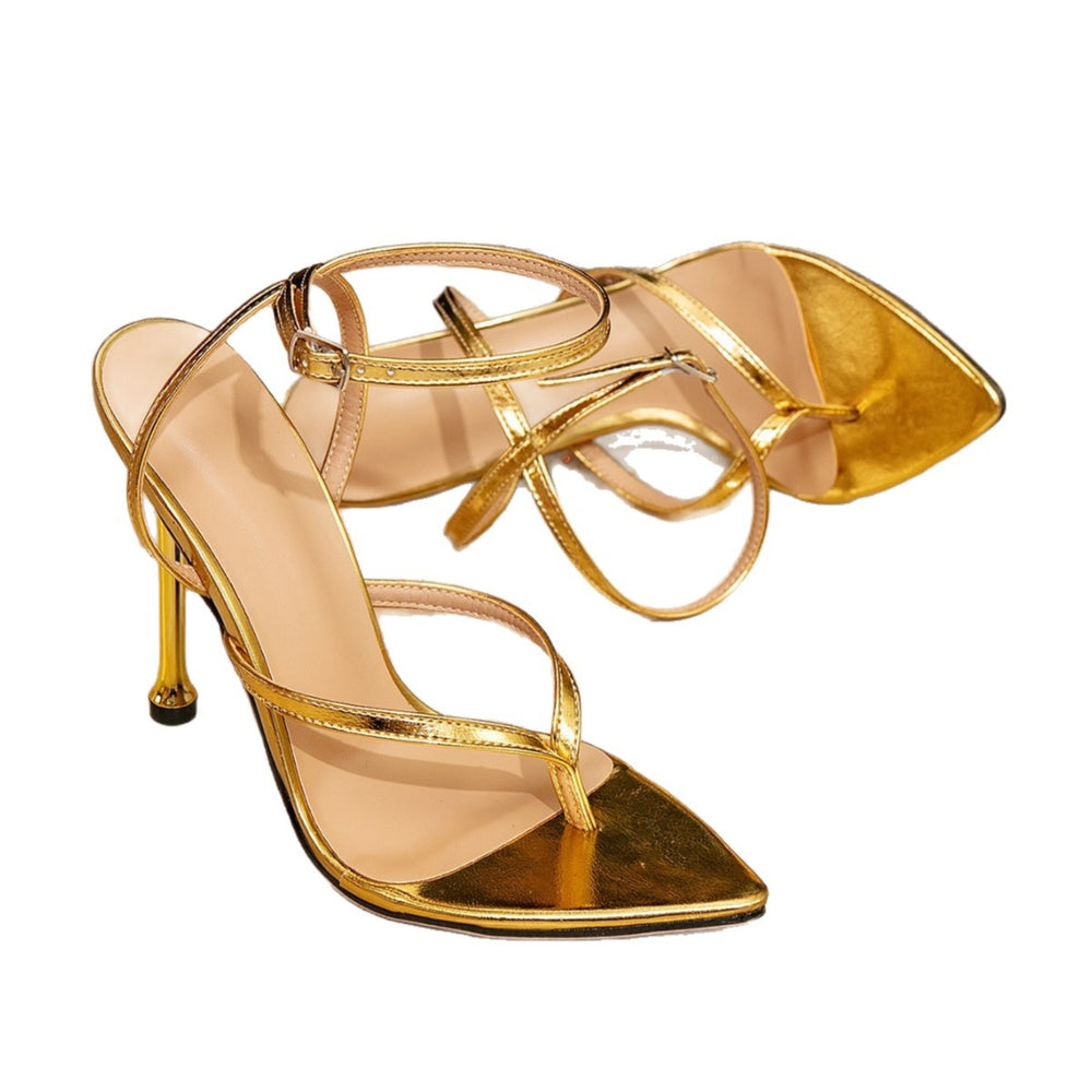 Gold stiletto heel women's shoes - fashionable pointed-toe party & evening sandals with buckle detail and split toe design