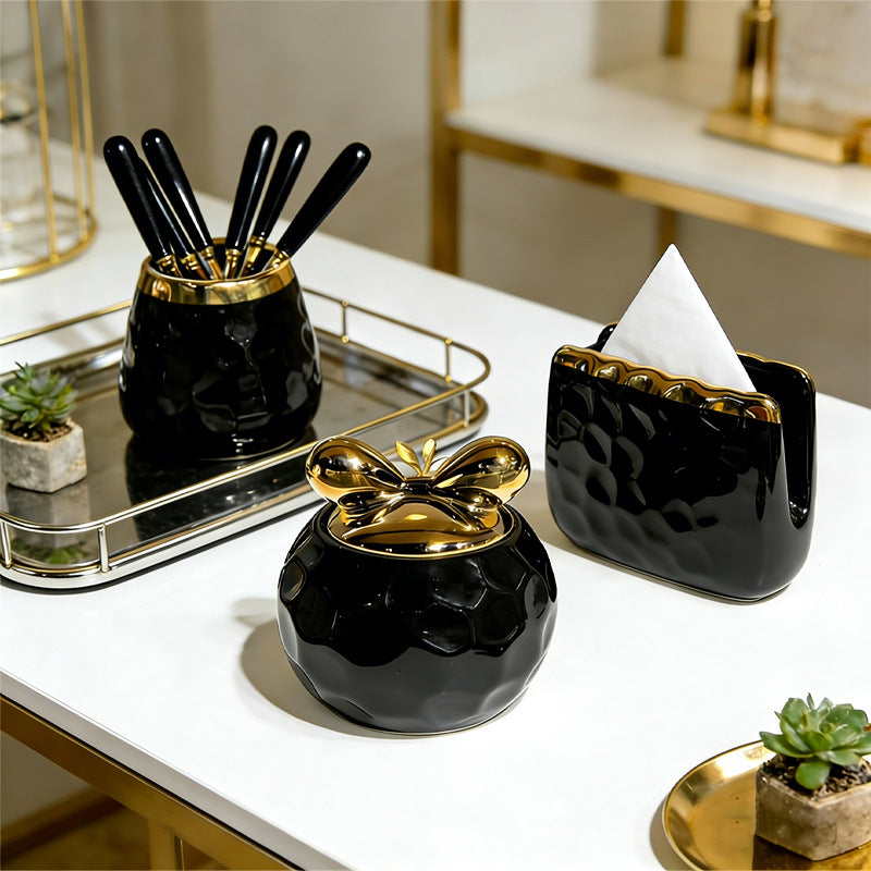 Nordic light luxury ceramic desktop tissue box storage jar three-piece set - household fruit fork & floss container combo - wholesale