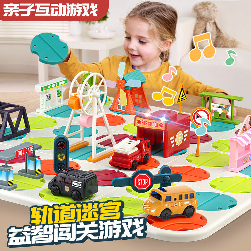 diy track car maze challenge game - children's thinking training track building sound & light electric vehicle toy