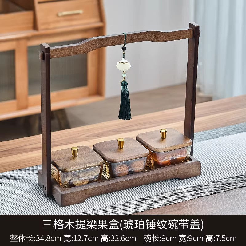 Chinoiserie walnut color dried fruit plate for home divided grids four-square grid lifting beam wedding new home glass bowl fruit plate fruit plate