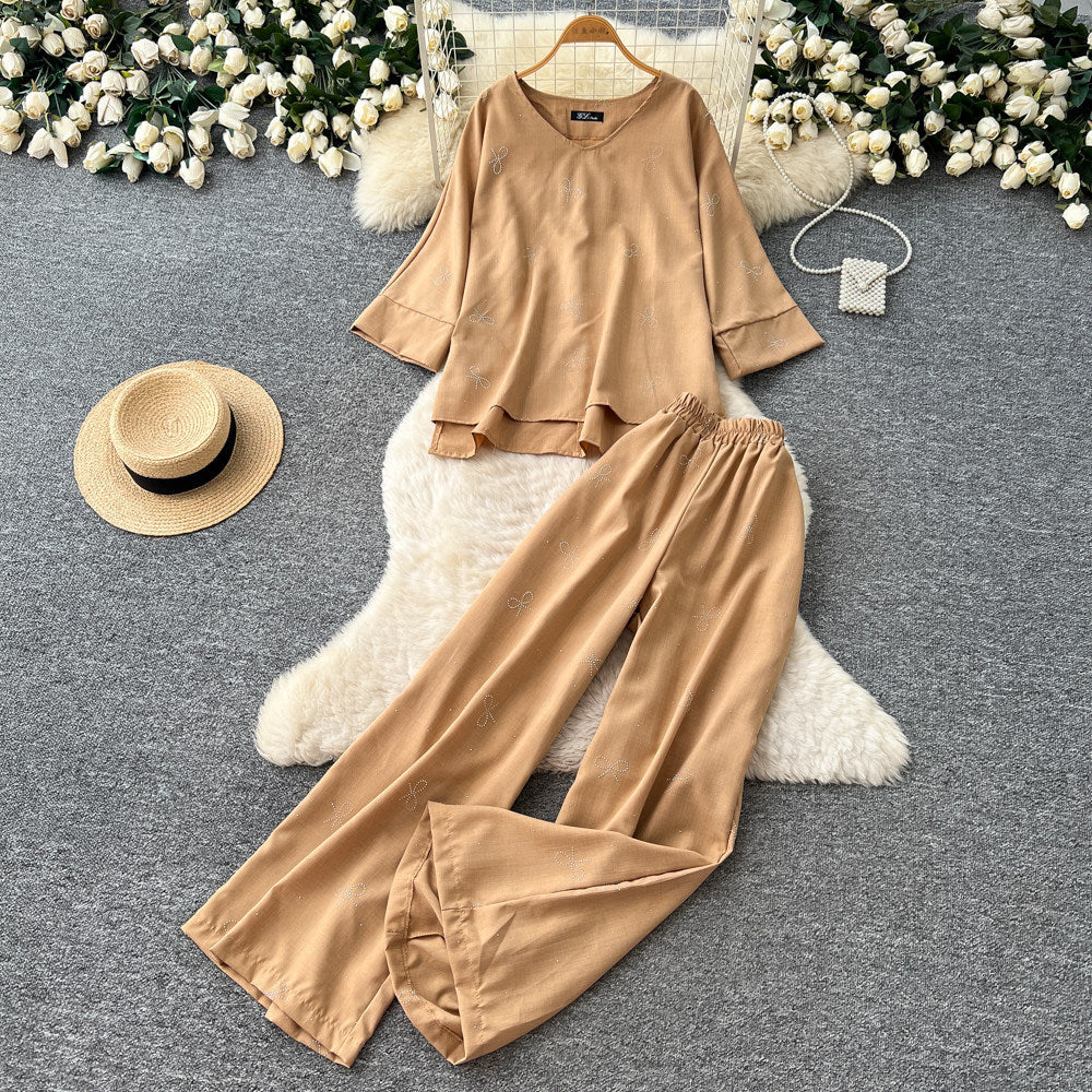 Light mature style round neck sweetbowsprintingtwo-piece set women's spring autumwork clothing style three-quarter sleeve fashionablesuit