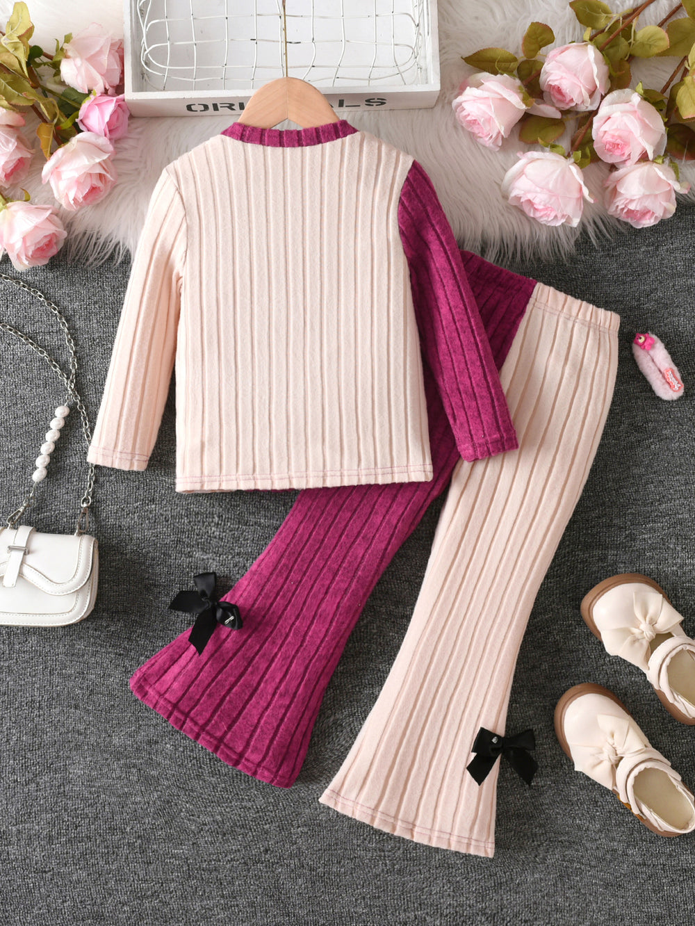 autumn girls' outfit: color block ribbed long sleeve top with bow detail and micro-flare pants - kids' two-piece set