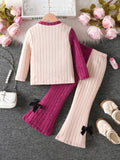 autumn girls' outfit: color block ribbed long sleeve top with bow detail and micro-flare pants - kids' two-piece set