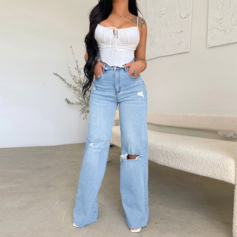 Factory direct  women's jeans: long, high-waisted, distressed, raw hem, hot-selling european and american style, comfortable wide-leg pants