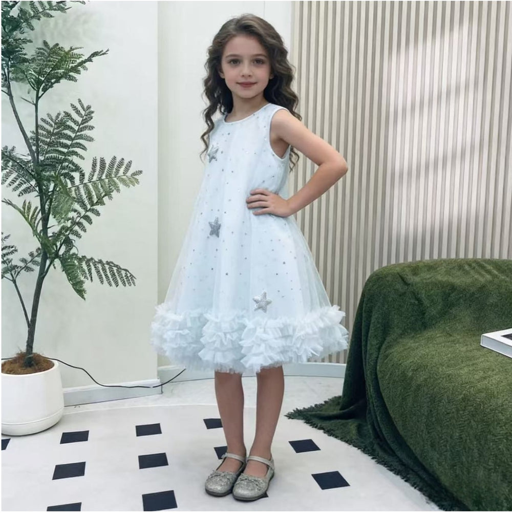 Girls' light blue star sequin sleeveless mesh princess dress - trendy summer kids' dress