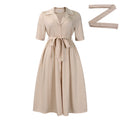 D506 african women's fashion summer  new arrival: chic blazer collar short sleeve solid color cinched waist flared hem export dress